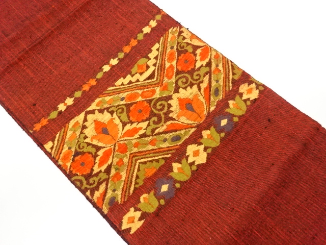 手織り紬横段に花唐草・幾何学模様織出し名古屋帯